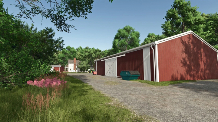 fs25-mods,  Farm scene with red barn, green trash bin, gravel path, lush grass, and trees in Farming Simulator 25 mods.