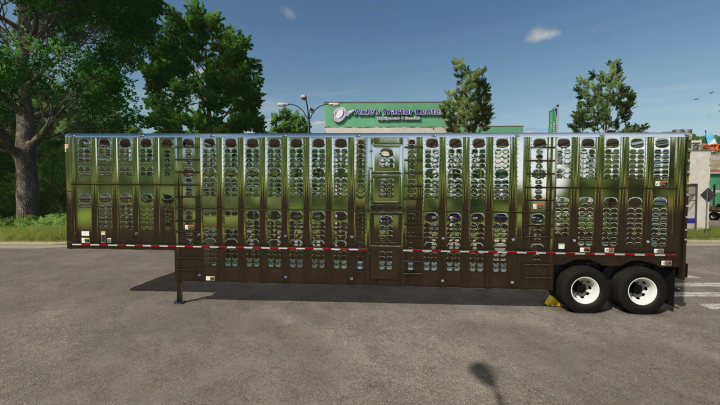 fs25-mods, Animal transport trailer from Farming Simulator 25 mods, parked outdoors on a city street, with trees and a store sign in the background.