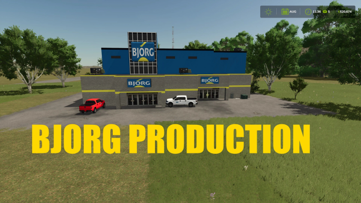 fs25-mods, Farming Simulator 25 mod: BJORG PRODUCTION building with vehicles in front, large blue sign, trees and grassy field, realistic graphics.