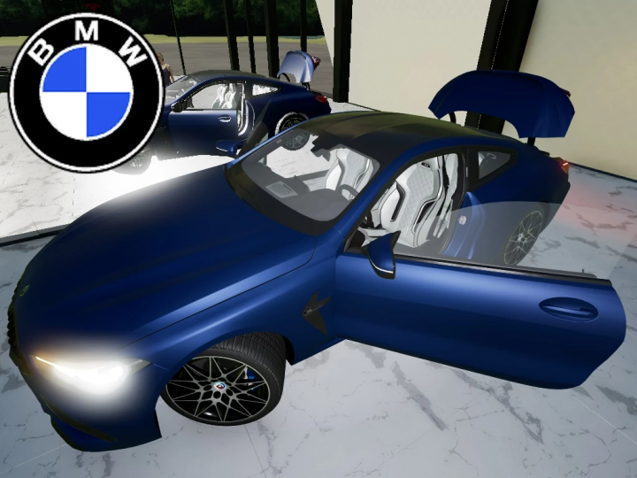 fs22-mods, BMW M8 Coupe 2020 mod from Farming Simulator 22, showcased as part of FS22 mods, featuring a sleek blue sports car with open doors and trunk.