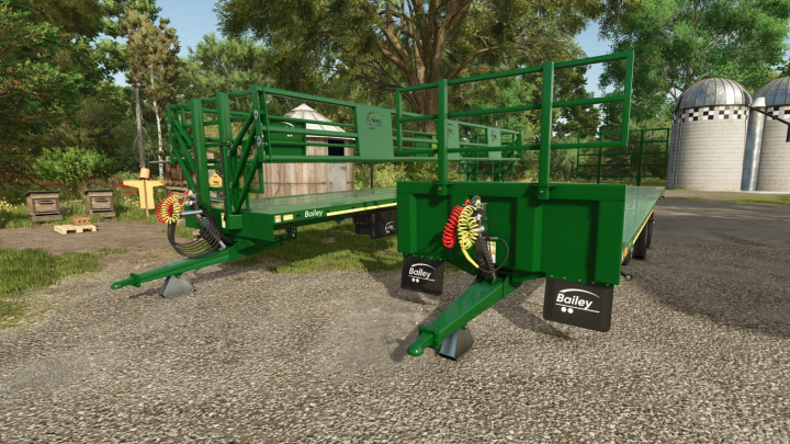 fs25-mods,  Farming Simulator 25 mod: Bailey Bale And Pallet Trailer Pack v1.0.0.1, green trailer for hauling bales and pallets on a farm.