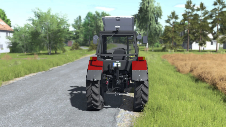 fs25-mods, Rear view of a Belarus 852.2 tractor from the Farming Simulator 25 mods, on a rural farm with green fields and trees.