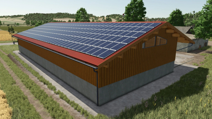 fs25-mods, Farming Simulator 25 mod showcasing a building with solar panels, part of the Big Machine Hall v1.0.0.0 mod for Farming Simulator 25.