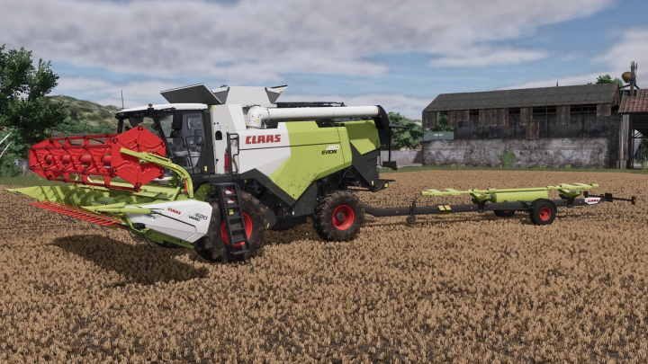 fs25-mods, Farming Simulator 25 mod featuring the CLAAS Evion 450 Pack with harvesting and tractor equipment on a farm field.