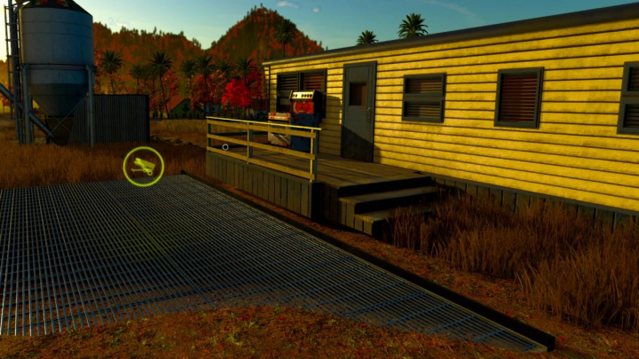 fs25-mods,  Farming Simulator 25 mod: Coca Plant Production Pack v1.0.0.1 on a farm with a yellow building, plants, and factory elements.