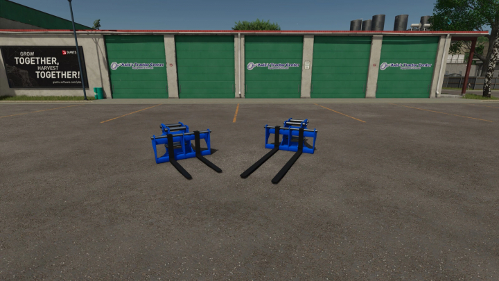 fs25-mods, FS25 mods: Blue Conquip Excavator Forks for Farming Simulator 25, displayed in a parking lot.