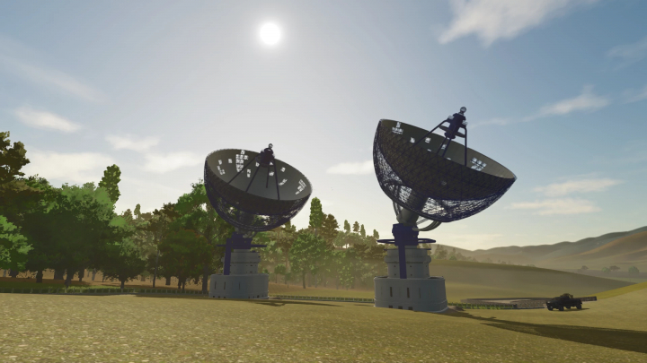 fs25-mods, Deep Space Transmission Dish v1.0.0.0 mod from Farming Simulator 25, featuring two satellite dishes in an open field.