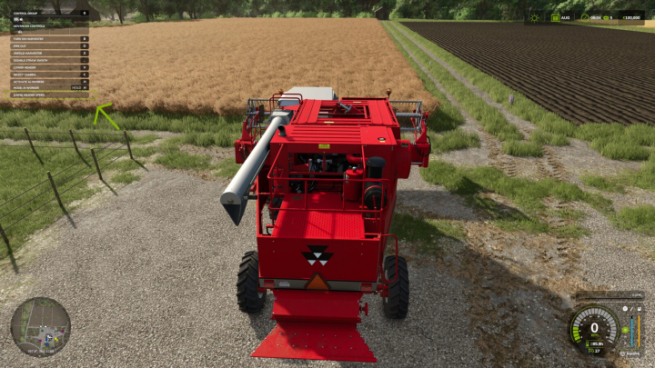 fs25-mods, Farming Simulator 25 mod: Red harvester machine in a field with a control panel overlay showing adjustable header speed.