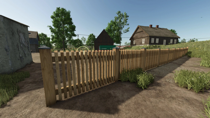 fs25-mods,  Farming Simulator 25 mod: Wooden fence line in a rural farm setting, part of the European Fence Pack v1.0.0.0 for FS25 mods.