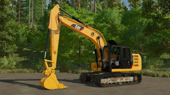 fs22-mods,  Farming Simulator 22 mod featuring a yellow Caterpillar CAT 316E/F excavator in a forest setting.