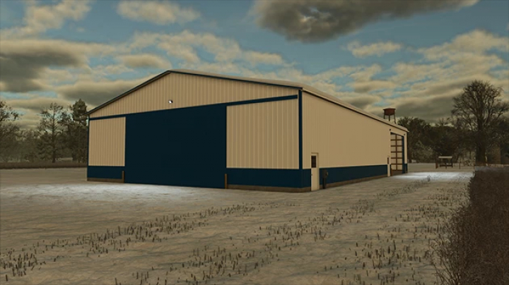 fs25-mods, Farming Simulator 25 mod: FS25 62x100 Cold Storage Shed v1.0.0.0, a large blue and beige cold storage building on a snowy farm field.