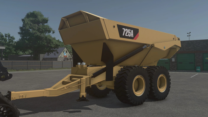 fs25-mods, Farming Simulator 25 mod: FS25 Caterpillar 725A Dumper v1.0.0.0, a heavy-duty construction dump trailer with large wheels, parked outdoors.