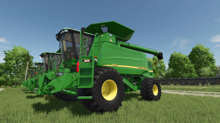 fs25-mods, FS25 John Deere Walker combines mod in Farming Simulator 25, green harvesters on a grassy field under a blue sky.