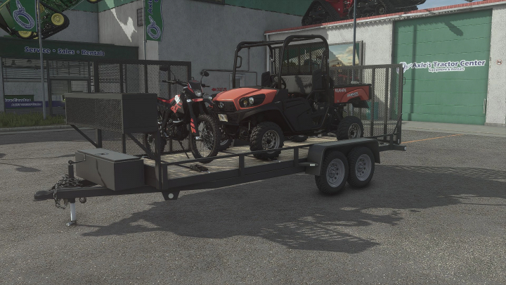 fs25-mods, Farming Simulator 25 mod: utility trailer with a motorcycle and a utility vehicle, showcasing FS25 mods in a game environment.