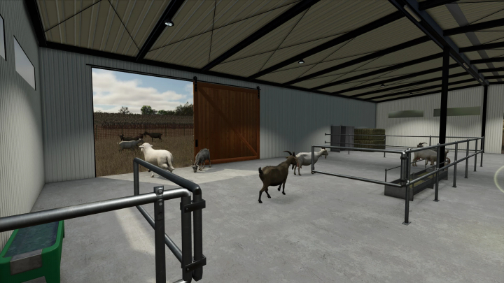 fs25-mods,  Indoor view of FS25 Modern Metal Sheep Barn with goats and sheep, part of FS25 mods, in Farming Simulator 25.