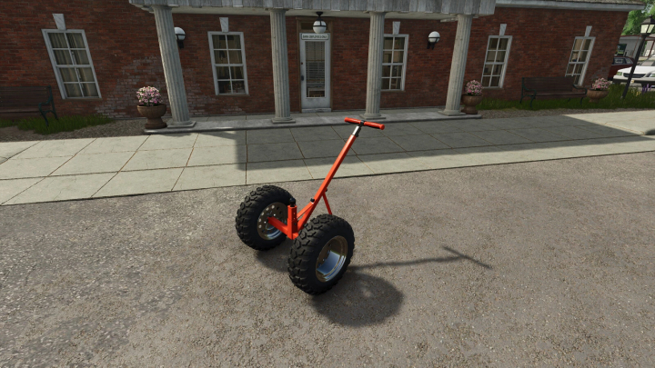 fs25-mods, Farmyard Trailer Dolly mod with large tires, in Farming Simulator 25, placed on a street background.