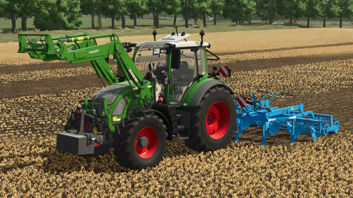 fs25-mods, Farming Simulator 25 mod featuring a green Fendt 500 Vario Gen3 tractor with blue tillage equipment on a farm field.