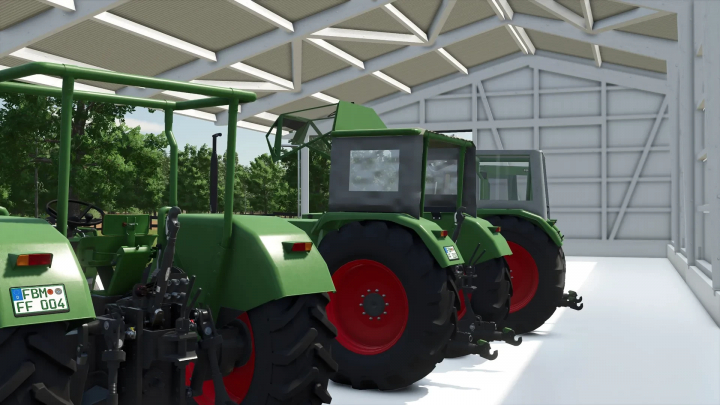 fs25-mods, Fendt Favorit 600 SA Facelift V0.9.1.1 mod for Farming Simulator 25, showing two green tractors inside a large shed with red wheels.