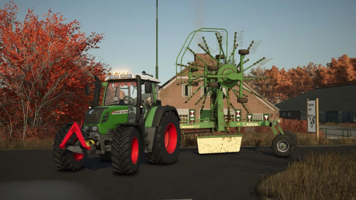 fs25-mods,  Farming Simulator 25 mod screenshot featuring a green Fendt Vario 300 TMS tractor with harvesting equipment on a farm, autumn scenery.
