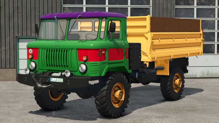 fs25-mods,  Farming Simulator 25 mod: GAZ 66 military-style truck with a green cab, red accents, and yellow cargo bed, used for farming and transportation.
