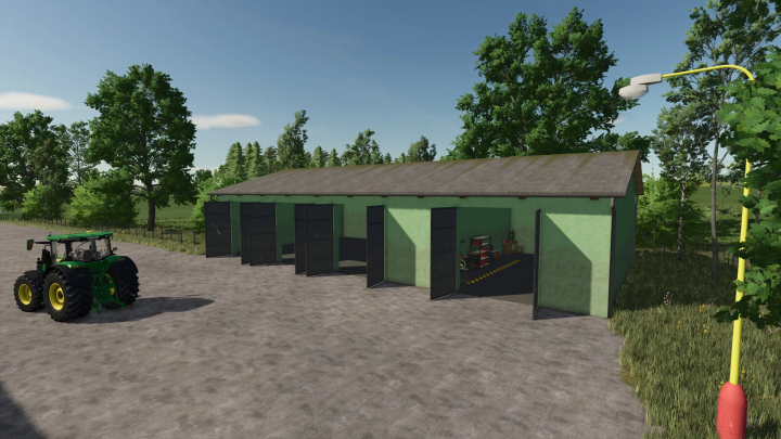 fs25-mods,  Garage with service in Farming Simulator 25 mod, featuring multiple bay doors and a tractor parked outside, part of FS25 mods.