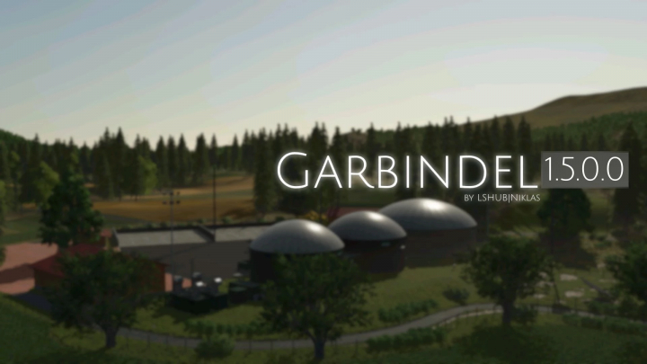 fs25-mods,  Garbindel Map v1.5.0.0 for Farming Simulator 25 mods, featuring a detailed rural landscape with large storage domes.