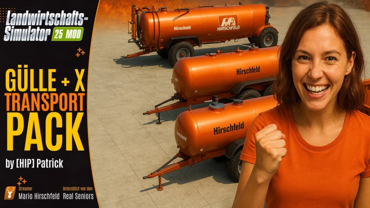 fs25-mods,  Screenshot from Farming Simulator 25 mod showcasing Gülle + X Transport Pack with orange manure tanks and a smiling woman in orange shirt