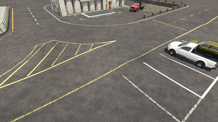 fs25-mods,  Parking lot with custom ground line decals for Farming Simulator 25 mods, including white and yellow lines showing parking space markings.