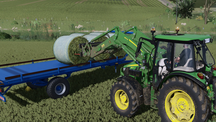 fs25-mods,  Farming Simulator 25 mod showing a green tractor with a Bale Trailer loading hay bales on a farm field.