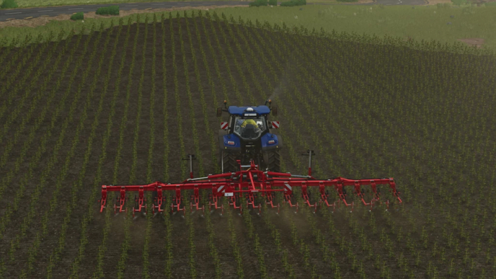 fs25-mods, Farming Simulator 25 mod - Horsch Transformer 12 VF Rust Edition 1.1.0.0 being used to cultivate a field with a red tillage implement.