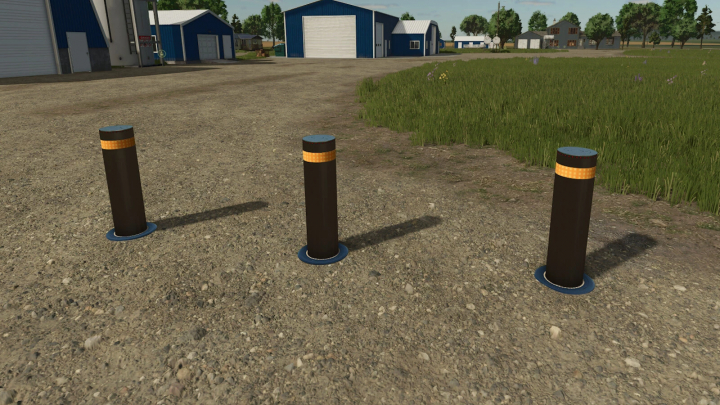 fs25-mods,  Three black hydraulic bollards with orange reflectors on dirt ground in Farming Simulator 25, used as parking barriers.