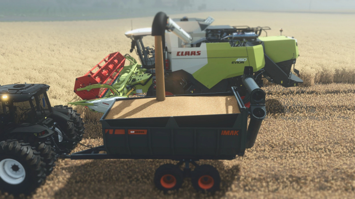 fs25-mods, Farming Simulator 25 mods featuring CLAAS IMAK CF 10000 grain cart and CLAAS LEXION combine harvester in a field.