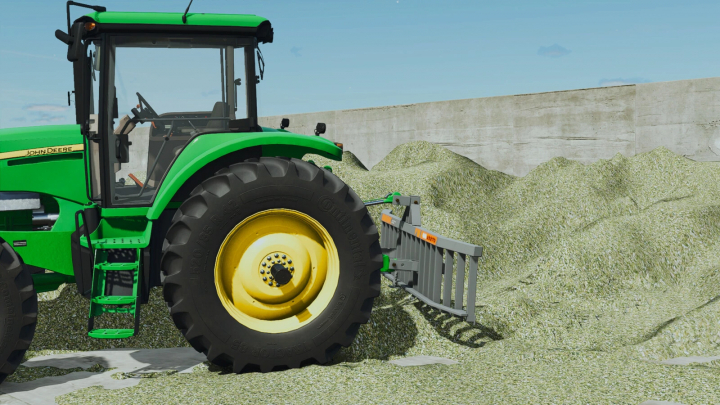 fs25-mods, Farming Simulator 25 mod image featuring a John Deere tractor with IMAK GE 19270 v1.0.0.0 attachment working on a pile of harvested material.