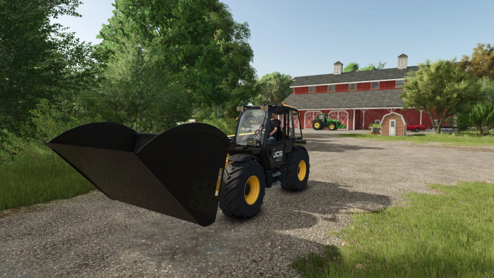 fs25-mods,  Farming Simulator 25 mod image featuring a JCB skid steer loader with attachments on a farm with barn and trees.