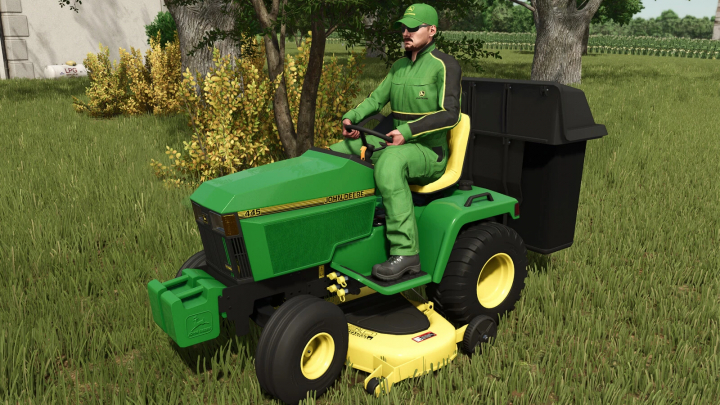 fs25-mods,  Farming Simulator 25 mod: John Deere 445 utility tractor in green with black and yellow accents, driven on a grassy field.