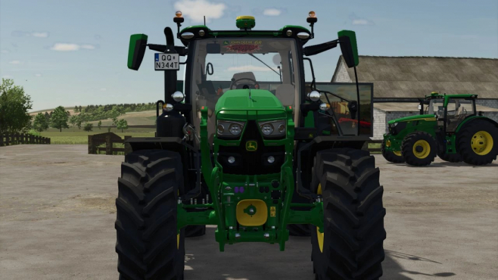 fs25-mods,  John Deere 6R 145-185 v1.4.2.0 mod in Farming Simulator 25, front view of a green tractor with large tires, farm background.
