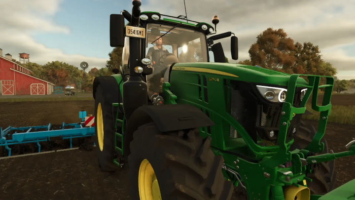 fs25-mods,  Farming Simulator 25 mod featuring a green John Deere 6R tractor with front grille guard and farm fields background.
