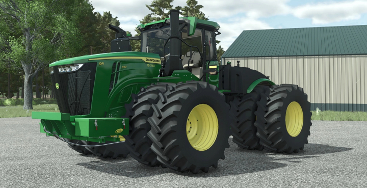 fs25-mods, Farming Simulator 25 mod: John Deere 9R Signature US Spec v1.0.0.0 tractor with large tires, green body, in front of a barn and trees.