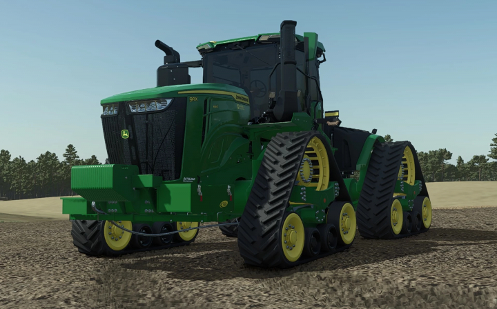fs25-mods,  John Deere 9RX Signature US Spec mod in Farming Simulator 25, featuring tracked agricultural machinery with green and yellow design on farmland.