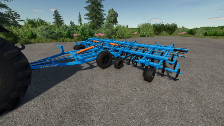 fs25-mods, Farming Simulator 25 mod: Blue KBM-8PS cultivator attachment on a gravel surface with green trees and bushes in the background.
