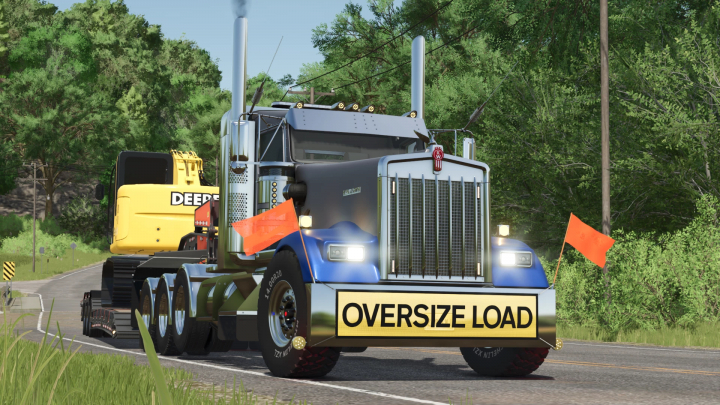 fs25-mods, Farming Simulator 25 mod featuring a large Kenworth W900L truck with an oversize load sign and flags on the road.
