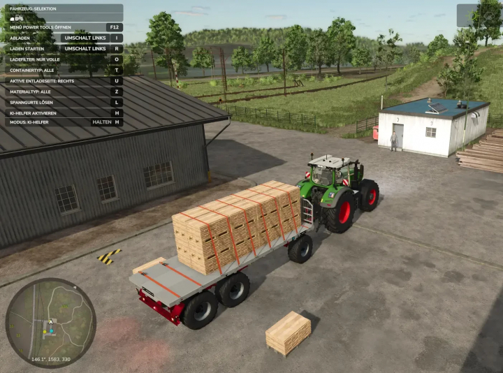 fs25-mods, Farming Simulator 25 mod: Green tractor with flatbed trailer loaded with wooden pallets, parked outside a farm building.