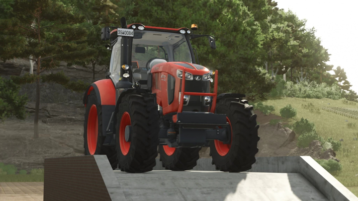 fs25-mods, Farming Simulator 25 mod: Kubota M7 Rust Edition 1.0.0.0 tractor on a concrete platform in a natural landscape.