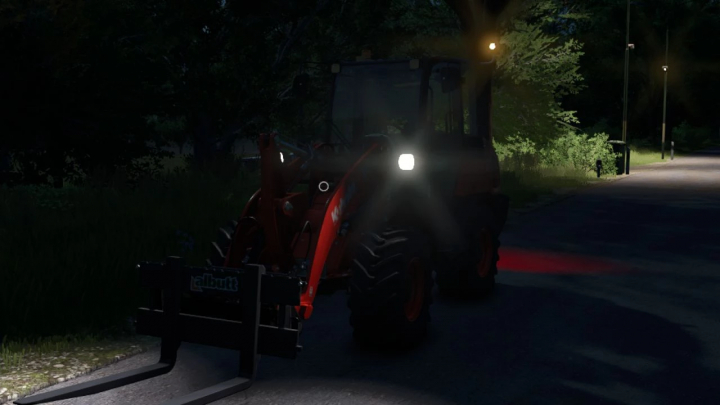fs25-mods,  Dark image of a Kubota R640 tractor mod from Farming Simulator 25 during night, with front-loader attachment, in low light conditions.