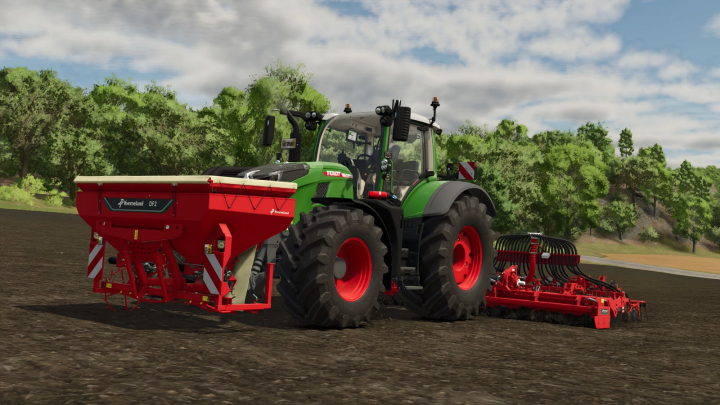 fs25-mods, Farming Simulator 25 mod featuring a green tractor with red Kverneland DF 2 seeder working on a field.