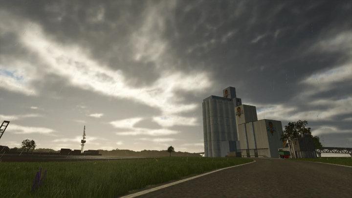 fs25-mods,  Farming Simulator 25 mods: Lakeside FS11 Remake V1.0.0.0, showing a farm scene with silos and a cloudy sky.