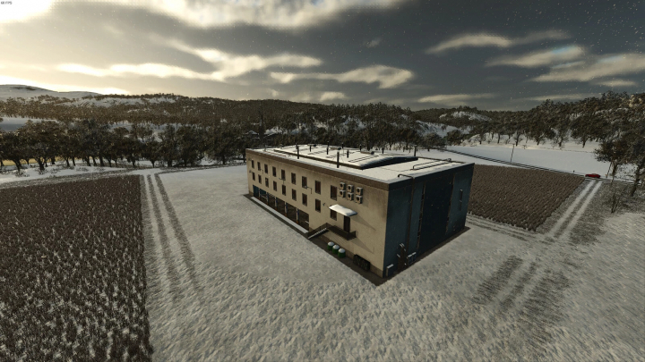 fs25-mods,  FS25 mod: Large Decorative Building v1.0.0.0 in a snowy farm landscape, surrounded by fields and trees, in Farming Simulator 25.