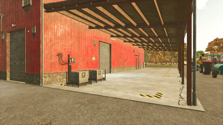 fs25-mods,  Farm building with loading dock in Farming Simulator 25, featuring red walls, outdoor equipment, and parked tractors, part of FS25 mods.