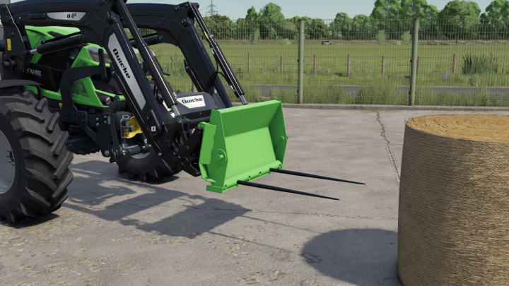 fs25-mods, Farming Simulator 25 mod: Green front loader attachment with black forks for hay bales, designed for use with the Lizard frontloader tools.