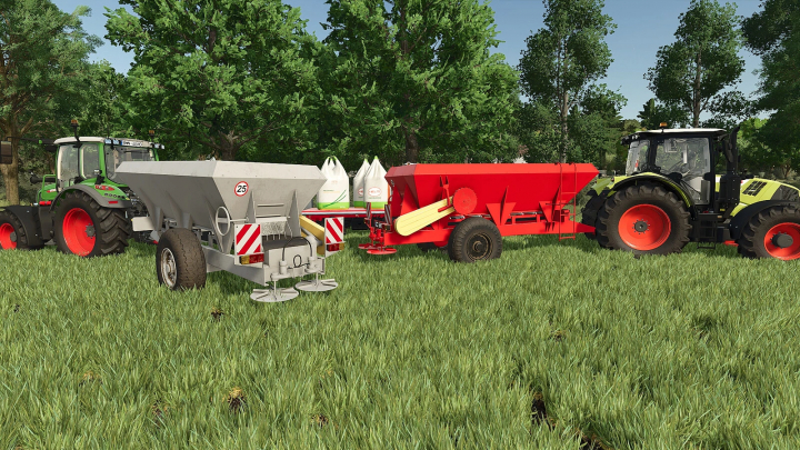 fs25-mods, Farming Simulator 25 mod scene with two tractors pulling various farming equipment, including seeders and fertilizer spreaders, on a lush green field.